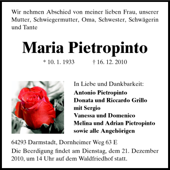 Traueranzeige von Maria Pietropinto von Darmstädter Echo, Odenwälder Echo, Rüsselsheimer Echo, Groß-Gerauer-Echo, Ried Echo