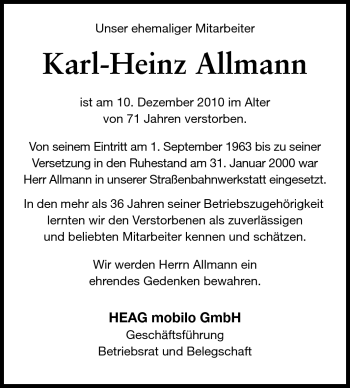 Traueranzeige von Karl-Heinz Allmann von Darmstädter Echo, Odenwälder Echo, Rüsselsheimer Echo, Groß-Gerauer-Echo, Ried Echo