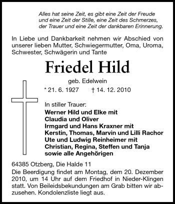 Traueranzeige von Friedel Hild von Echo-Zeitungen (Gesamtausgabe)
