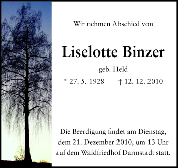 Traueranzeige von Liselotte Binzer von Echo-Zeitungen (Gesamtausgabe)