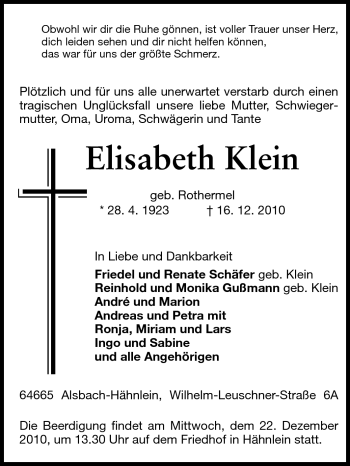 Traueranzeige von Elisabeth Klein von Echo-Zeitungen (Gesamtausgabe)