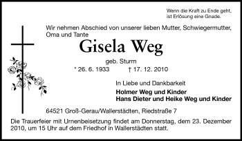 Traueranzeige von Gisela Weg von Rüsselsheimer Echo, Groß-Gerauer-Echo, Ried Echo