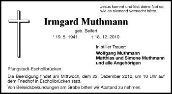Traueranzeige von Irmgard Muthmann von Darmstädter Echo, Odenwälder Echo, Rüsselsheimer Echo, Groß-Gerauer-Echo, Ried Echo