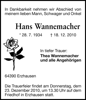 Traueranzeige von Hans Wannemacher von Darmstädter Echo, Odenwälder Echo, Rüsselsheimer Echo, Groß-Gerauer-Echo, Ried Echo