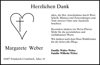 Traueranzeige von Margarete Weber von Odenwälder Echo