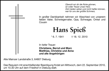 Traueranzeige von Hans Spieß von Darmstädter Echo, Odenwälder Echo, Rüsselsheimer Echo, Groß-Gerauer-Echo, Ried Echo