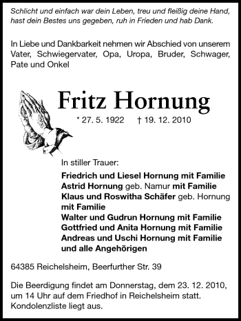 Traueranzeige von Fritz Hornung von Odenwälder Echo