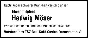 Traueranzeige von Hedi Möser von Darmstädter Echo, Odenwälder Echo, Rüsselsheimer Echo, Groß-Gerauer-Echo, Ried Echo
