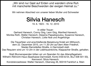 Traueranzeige von Silvia Hanesch von Echo-Zeitungen (Gesamtausgabe)