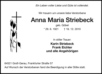 Traueranzeige von Anna Maria Striebeck von Rüsselsheimer Echo, Groß-Gerauer-Echo, Ried Echo