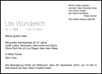 Traueranzeige von Ute Wunderlich von Darmstädter Echo, Odenwälder Echo, Rüsselsheimer Echo, Groß-Gerauer-Echo, Ried Echo