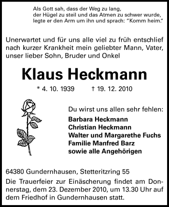 Traueranzeige von Klaus Heckmann von Echo-Zeitungen (Gesamtausgabe)