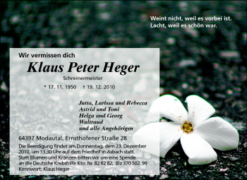 Traueranzeige von Heger Klaus Peter von Echo-Zeitungen (Gesamtausgabe)
