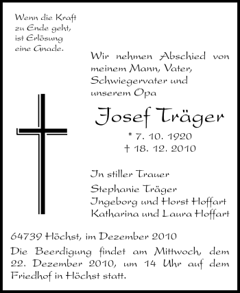 Traueranzeige von Josef Träger von Odenwälder Echo
