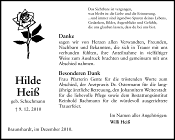 Traueranzeige von Hilde Heiß von Darmstädter Echo, Odenwälder Echo, Rüsselsheimer Echo, Groß-Gerauer-Echo, Ried Echo