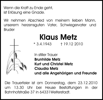 Traueranzeige von Klaus Metz von Echo-Zeitungen (Gesamtausgabe)