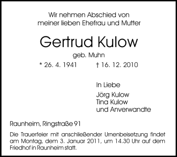 Traueranzeige von Gertrud Kulow von Odenwälder Echo