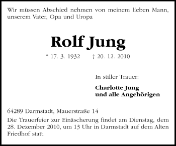 Traueranzeige von Jung Rolf von Darmstädter Echo, Odenwälder Echo, Rüsselsheimer Echo, Groß-Gerauer-Echo, Ried Echo