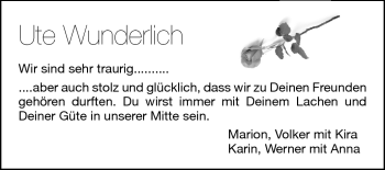 Traueranzeige von Ute Wunderlich von Darmstädter Echo, Odenwälder Echo, Rüsselsheimer Echo, Groß-Gerauer-Echo, Ried Echo