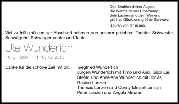 Traueranzeige von Ute Wunderlich von Darmstädter Echo, Odenwälder Echo, Rüsselsheimer Echo, Groß-Gerauer-Echo, Ried Echo