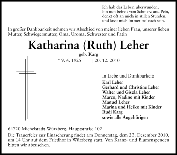 Traueranzeige von Katharina Leher von Odenwälder Echo