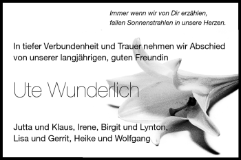 Traueranzeige von Ute Wunderlich von Darmstädter Echo, Odenwälder Echo, Rüsselsheimer Echo, Groß-Gerauer-Echo, Ried Echo