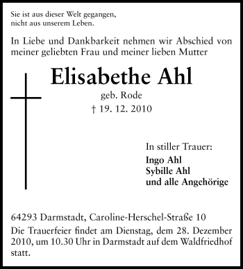 Traueranzeige von Elisabethe Ahl von Darmstädter Echo, Odenwälder Echo, Rüsselsheimer Echo, Groß-Gerauer-Echo, Ried Echo