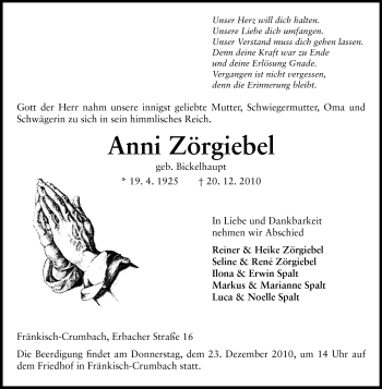 Traueranzeige von Anni Zörgiebel von Odenwälder Echo