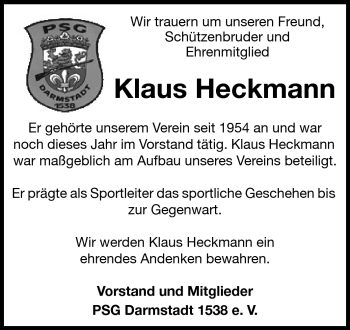 Traueranzeige von Klaus Heckmann von Echo-Zeitungen (Gesamtausgabe)