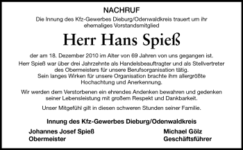 Traueranzeige von Hans Spieß von Darmstädter Echo, Odenwälder Echo, Rüsselsheimer Echo, Groß-Gerauer-Echo, Ried Echo