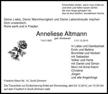 Traueranzeige von Anneliese Altmann von Echo-Zeitungen (Gesamtausgabe)