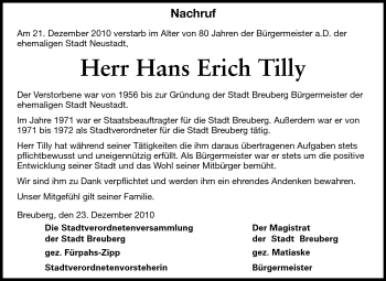 Traueranzeige von Hans Erich Tilly von Odenwälder Echo