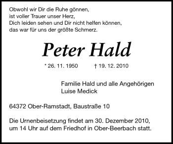 Traueranzeige von Peter Hald von Darmstädter Echo, Odenwälder Echo, Rüsselsheimer Echo, Groß-Gerauer-Echo, Ried Echo