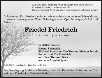 Traueranzeige von Friedel Friedrich von Echo-Zeitungen (Gesamtausgabe)