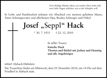 Traueranzeige von Josef Hack von Echo-Zeitungen (Gesamtausgabe)