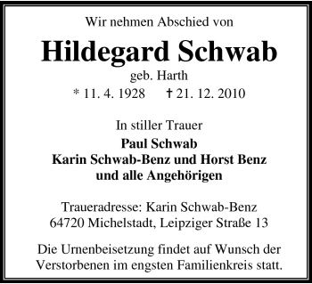 Traueranzeige von Hildegard Schwab von Odenwälder Echo