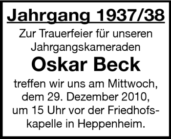 Traueranzeige von Oskar Beck von Starkenburger Echo