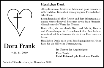 Traueranzeige von Dora Frank von Echo-Zeitungen (Gesamtausgabe)