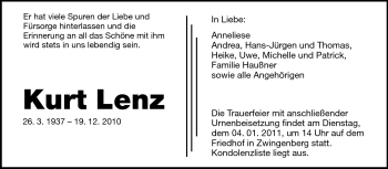 Traueranzeige von Kurt Lenz von Darmstädter Echo, Odenwälder Echo, Rüsselsheimer Echo, Groß-Gerauer-Echo, Ried Echo