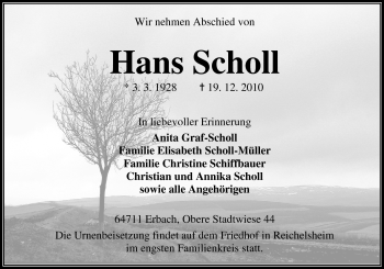 Traueranzeige von HAns Scholl von Odenwälder Echo