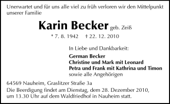 Traueranzeige von Karin Becker von Rüsselsheimer Echo, Groß-Gerauer-Echo, Ried Echo
