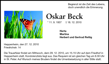 Traueranzeige von Oskar Beck von Starkenburger Echo