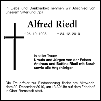 Traueranzeige von Alfred Riedl von Echo-Zeitungen (Gesamtausgabe)