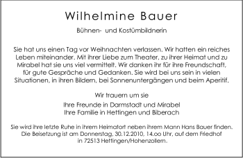 Traueranzeige von Wilhelmine Bauer von Echo-Zeitungen (Gesamtausgabe)