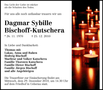 Traueranzeige von Dagmar Sybille Bischoff-Kutschera von Darmstädter Echo, Odenwälder Echo, Rüsselsheimer Echo, Groß-Gerauer-Echo, Ried Echo