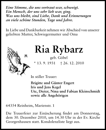 Traueranzeige von Ria Rybarz von Echo-Zeitungen (Gesamtausgabe)