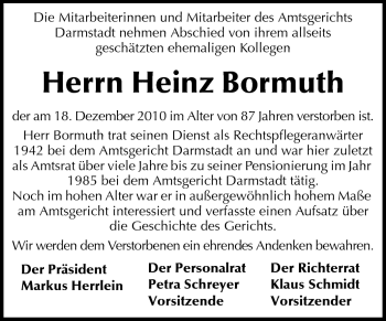 Traueranzeige von Heinz Bormuth von Darmstädter Echo, Odenwälder Echo, Rüsselsheimer Echo, Groß-Gerauer-Echo, Ried Echo