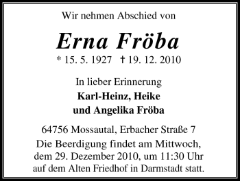 Traueranzeige von Erna Fröba von Odenwälder Echo