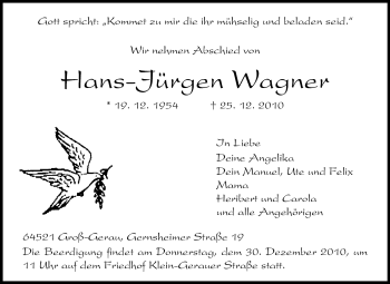 Traueranzeige von Hans-Jürgen Wagner von Rüsselsheimer Echo, Groß-Gerauer-Echo, Ried Echo