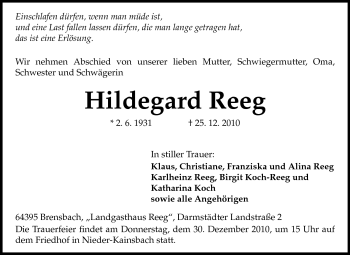 Traueranzeige von Hildegard Reeg von Odenwälder Echo
